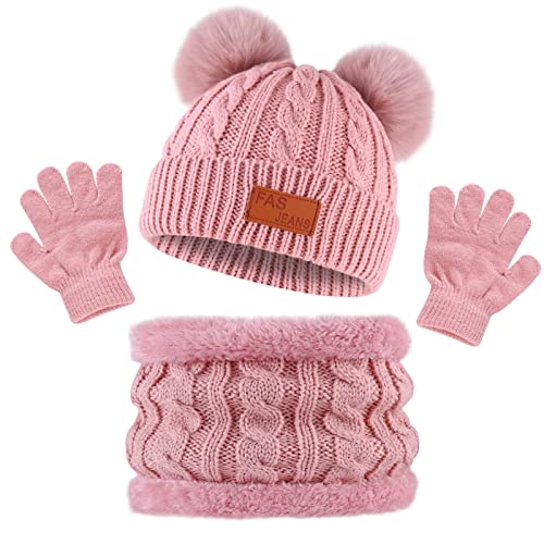 Bekecidi Kinder Mütze Schal Handschuh Set Winter Babymütze Beanie Hut Warmen Strickmütze Loop Schal Mütze und Handschuhe Kleinkind Winterschal Set Für Jungen und Mädchen 1-5 Jahre (Rosa) von Bekecidi