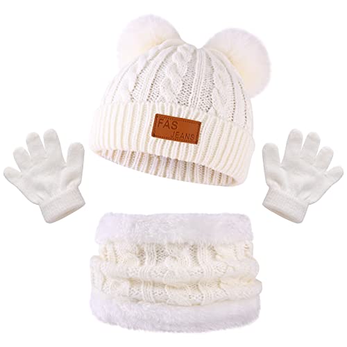 Bekecidi Kinder Mütze Schal Handschuh Set Winter Babymütze Beanie Hut Warmen Strickmütze Loop Schal Mütze und Handschuhe Kleinkind Winterschal Set Für Jungen und Mädchen 1-5 Jahre (Weiß) von Bekecidi