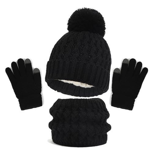 Bekecidi Kinder Winter Warme Mütze Schal Handschuhe Set, Thermo Strickmütze Schal Handschuhe Set, Dickes Kleinkind Pom Pom Bommel Touchscreen Handschuhe Set für Mädchen Jungen 2-8 Jahre (Schwarz) von Bekecidi
