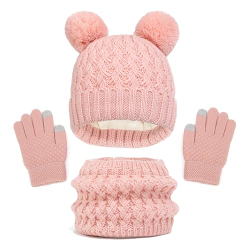 Bekecidi Kinder Winter warme Mütze Schal Handschuhe Set, Thermal gestrickt Pom Pom Bommelmütze Schal und Handschuhe Set Touchscreen Handschuhe für Mädchen Jungen Kleinkind 2-8 Jahre (Rosa) von Bekecidi