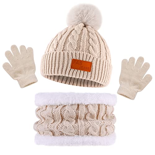Bekecidi Kinder Wintermütze Schal Handschuh Set Warmen Babymütze Beanie Hut Strickmütze Loop Schal Mütze und Handschuhe Winterschal Set Geschenke Für Jungen und Mädchen 1-5 Jahre (Beige) von Bekecidi