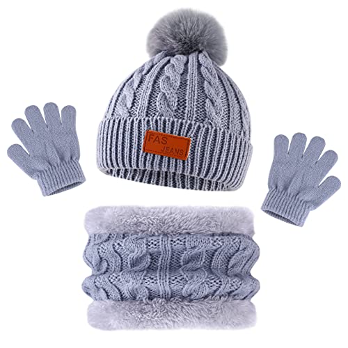 Bekecidi Kinder Wintermütze Schal Handschuh Set Warmen Babymütze Beanie Hut Strickmütze Loop Schal Mütze und Handschuhe Winterschal Set Geschenke Für Jungen und Mädchen 1-5 Jahre (Grau) von Bekecidi