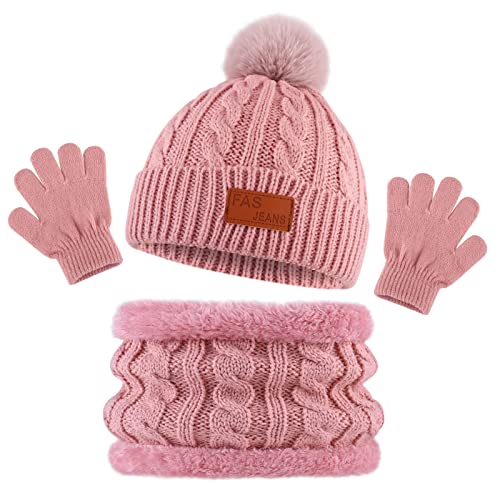 Bekecidi Kinder Wintermütze Schal Handschuh Set Warmen Babymütze Beanie Hut Strickmütze Loop Schal Mütze und Handschuhe Winterschal Set Geschenke Für Jungen und Mädchen 1-5 Jahre (Rosa) von Bekecidi