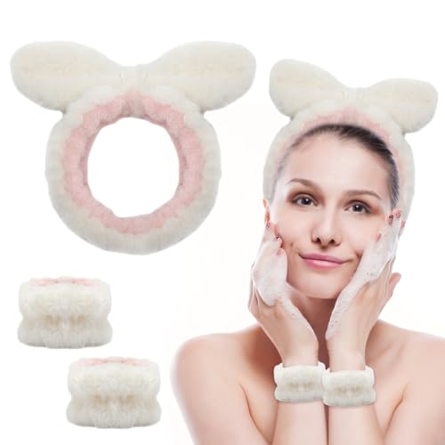 Bekecidi 3 Stück Spa Stirnband Handgelenk Waschband Set, Hasenohren Flauschiges Make up Stirnband und Armband zum Waschen von Gesicht Hautpflege Stirnband Handgelenkbänder für Frauen Mädchen (Weiß) von Bekecidi