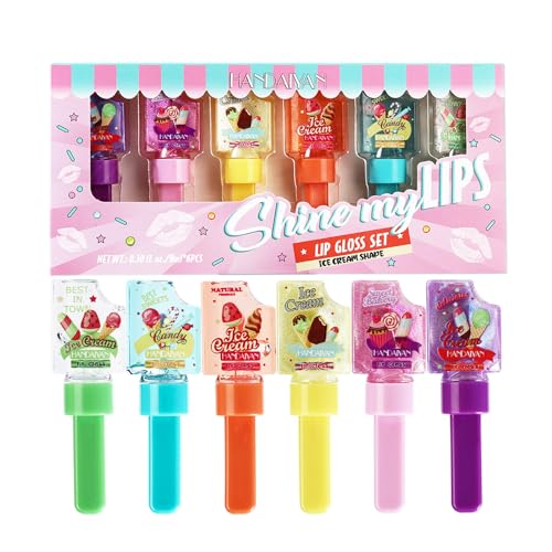 Bekoeen 6 Colour Shine Mirror Lip Oil Set,Girly Ice Cream Ice Cream Pearl Colour Changing Moisturising,Niedlicher Eiscreme Feuchthaltender Lipgloss,Ungiftige Kinder Kosmetik von Bekoeen