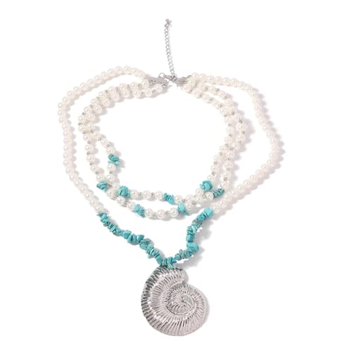 Gedenken Halskette Ketten Schmuck Herren Frauen Anhänger Necklace Personalisierte Muschel Anhänger Halskette, Imitation Perle Und Kies Mehrschichtige Halskette 银色 von Belachick
