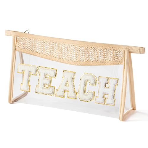 Belanttega Boho Patch Teach Kosmetiktasche – Lehrer-Wertschätzungsgeschenke Lehren Chenille Varsity Letter Clear Kulturtasche Make-up Tasche Wasserdicht Tragbar Gewebt Make-up-Tasche Sommer von Belanttega