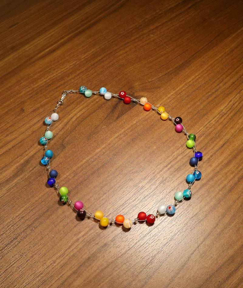 Perlenkette Polaris Kette Mit Millefiori Perlen Regenbogen Collier Halskette Bunt von BelasPerlenparadies