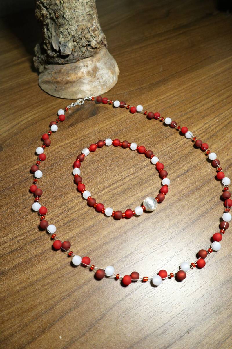 Perlenschmuckset Schmuckset Polaris Rot Weiss Kette Armband von BelasPerlenparadies