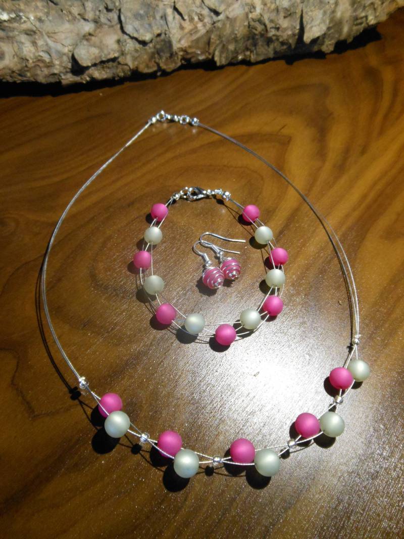 Perlenschmuckset Schmuckset Polarisperlen Polaris Grau Rosa Kette Armband Ohrring von BelasPerlenparadies