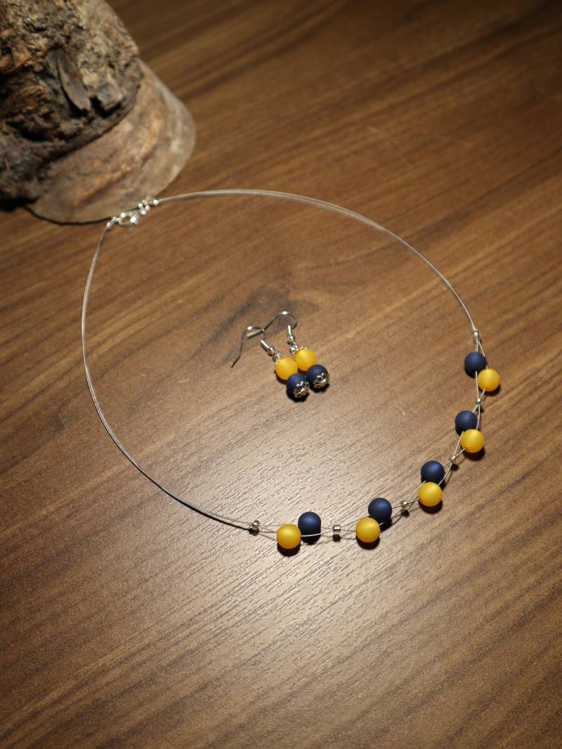 Schmuckset Polarisperlen Polaris Gelb Dunkelblau Kette Ohrring Schmuck Set Polarisschmuck von BelasPerlenparadies