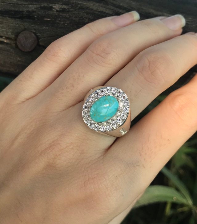 2.30Ct Türkis Statement Echt Oval Ring - Unisex Sterling Silber Ring-Herren Solitär Dezember Geburtsstein Heiligenschein Ring von Belesas