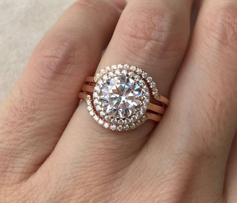 3.70Ct Zirkonia Runde Brautring Set - Diamant Simulant Halo Verlobung Ehering 3 Stück Silber Rose Gold Ring von Belesas