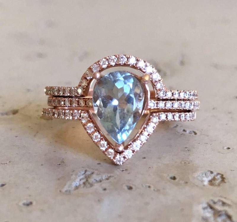 Birne Echte Aquamarin Verlobung 3 Ring Set - Natürliche Teardrop Hellblau Aqua Mit Diamant Ehering Band - Große 9 X 7 Mm März Birthstone Ringe von Belesas