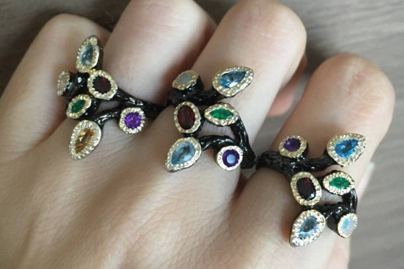 Blatt Mulistone Cluster Statement Ring - Natur Inspirierter Eichenblatt Olivenblatt Zweig Ring Baum Blätter Mulitstone von Belesas