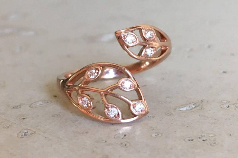Blatt Ring Diamant Roségold Weißgold Gelbgold Gold Verstellbar Floral Ast Olive Zweig Ranke Natur von Belesas