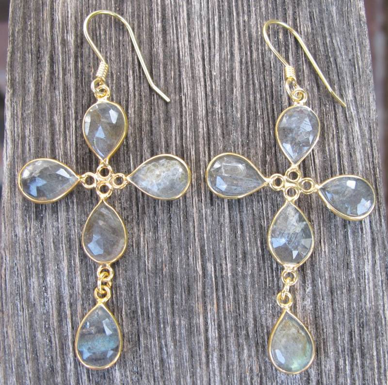Boho Labradorit Baumeln Ohrring - Kreuz Cluster Lange Irisierende Tropfenohrring Teardrop Goldohrring von Belesas