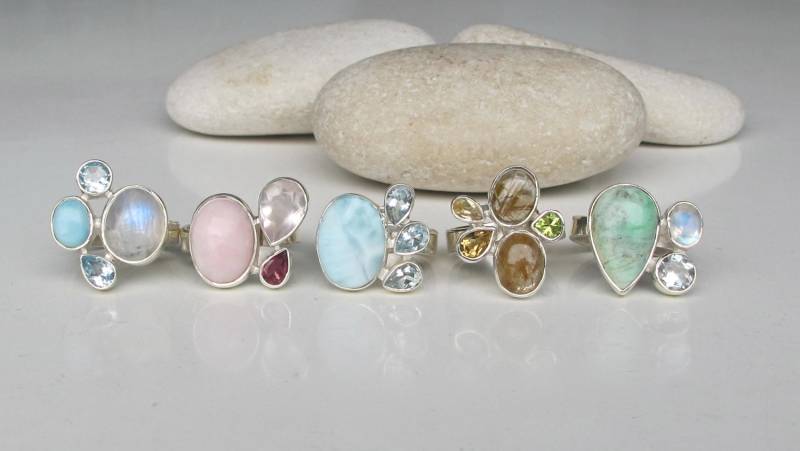 Cluster Edelstein Statement Silber Ring - Multistone Verstellbarer Unisex Echter Naturstein Ringe - Boho Hippie Ring von Belesas