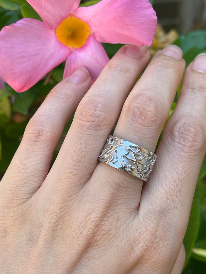 Damen Hochzeit Floral Band - Blatt Natur Inspiriert Band Ring - Scroll Breit Olive Ranke Unikat Sterling Silver von Belesas