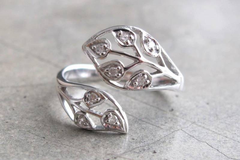Diamant Blatt Versprechen Ring - Zweig Boho Verlobungsring Einzigartiger Braut Ehering April Birthstone Verstellbarer Doppelzweig von Belesas