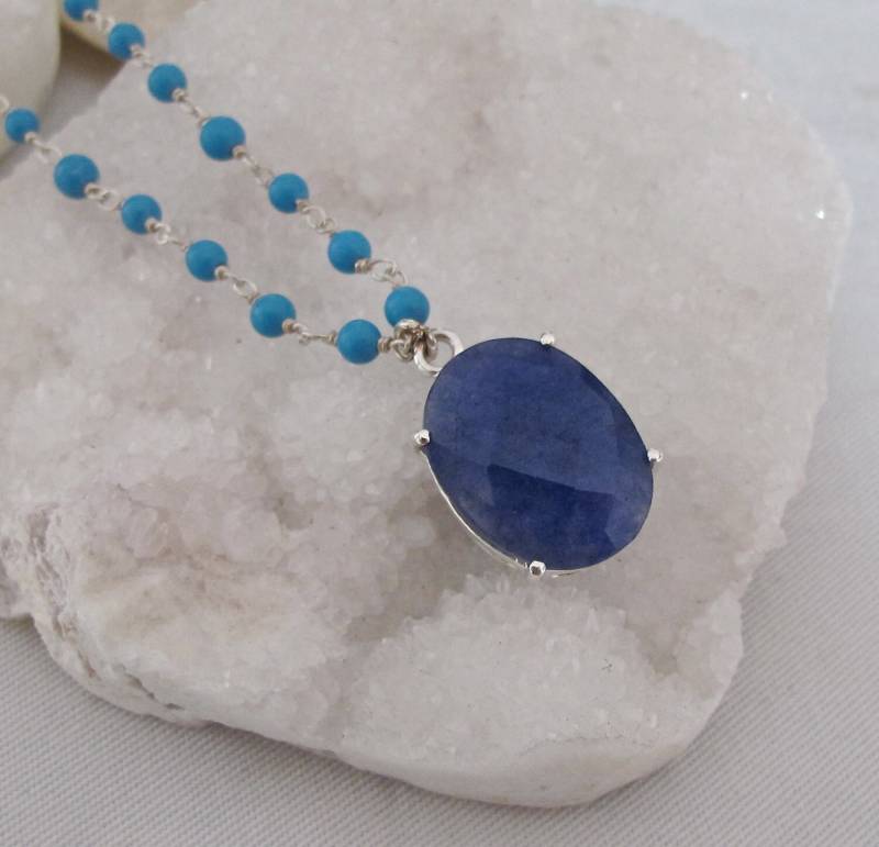 Dunkle Tiefe Natürliche Blaue Saphir Roh Zierliche Perlen Halskette-Oval Echte Türkis Halskette September Birthstone Halskette-Geschenk Für Frau von Belesas