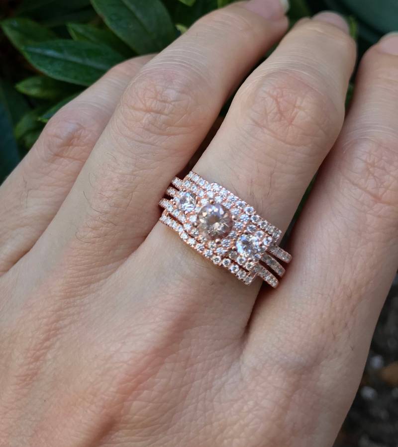 Echte Morganit Rose Gold Vintage 3 Ring Set - Natürliche Braut Verlobung Deco Runde Stein Jubiläumsring von Belesas