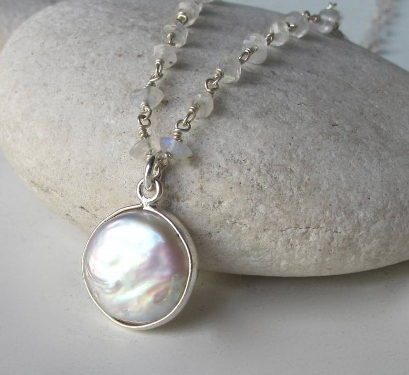 Echte Natürliche Runde Weiße Perle Perlen Mondstein Halskette - Süßwasserperle Juni Birthstone Einfache Für Jeden Tag von Belesas