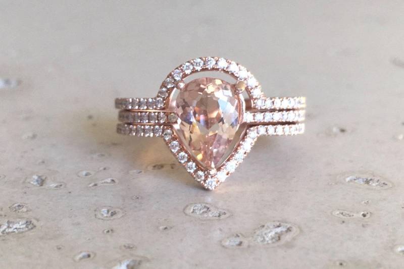 Echte Teardrop Morganit Verlobungsring Set - 1Ct Birne Diamant Halo Ring-Morganit Rose Weißgold Braut Ehering W/2 Bands von Belesas