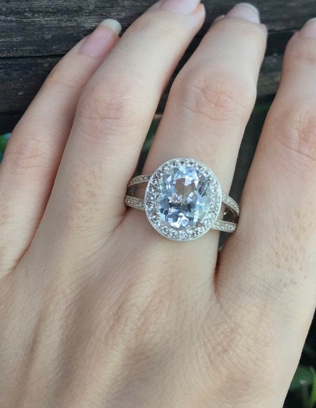 Echter Weißer Topas Oval Split Verlobungsring - Großer Alternativer Diamant Halo Silber Ring-Double Band Versprechen Ring-Farbloser Solitär Ring von Belesas