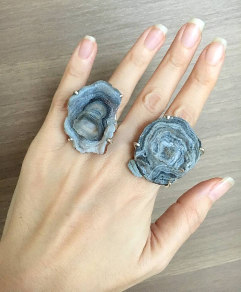 Geode Druzy Statement Ring - Rohstein Silber Großer Kristall Rustikaler Boho Rohedelstein von Belesas
