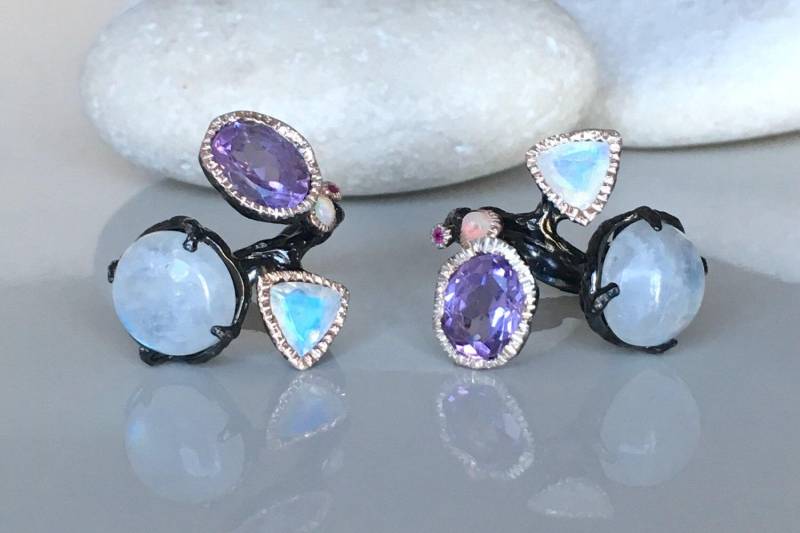Gothic Multistone Großer Statement Ring - Breiter Schwarzer Stein Boho Punk Mondstein Opal Amethyst Ring Meerjungfrau Mystisch von Belesas