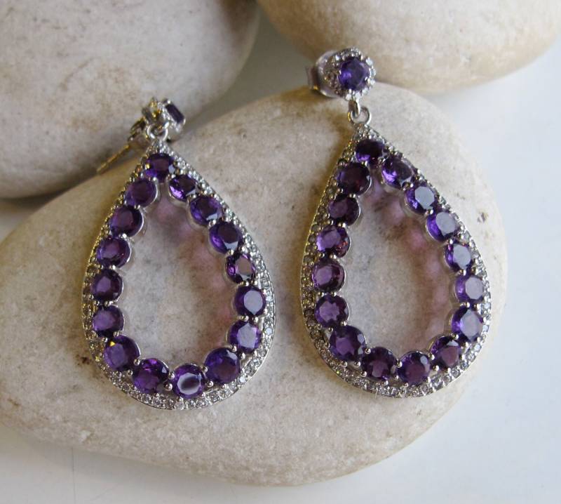 Lila Amethyst Cluster Ohrringe - Boho Perlen Baumeln Februar Geburtsstein Silber Große Hoop Ohrringe von Belesas