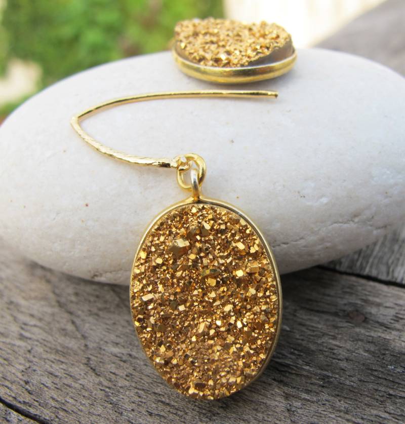 Oval Druzy Roh Ohrringe - Boho Gold Tropfen Rustikale Hoop Funkelnd Minimalist Ohrring von Belesas
