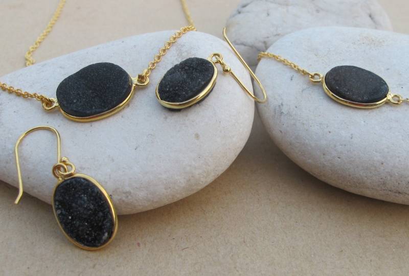 Oval Schwarz Druzy Lünette Gold Schmuck Set - Halskette Armband Ohrring Edelstein Geschenke Für Frau Freundin Tochter von Belesas