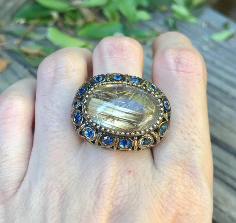 Ovaler Rutil Statement Ring - Großer Stein Art Deco Mutiger Filigraner Designer Avantgarde Unikat Edelstein Jugendstil Ring von Belesas