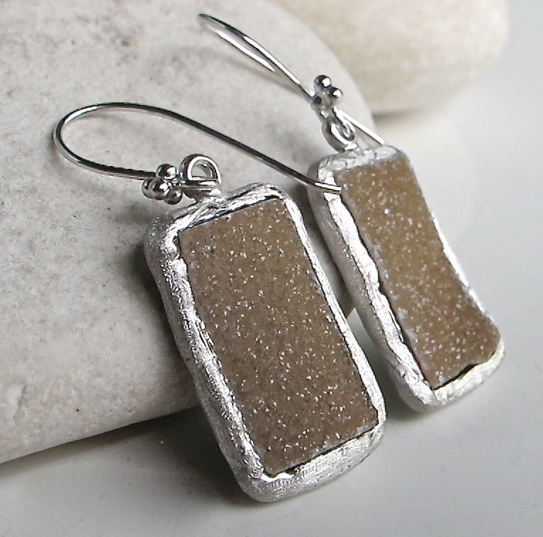 Rechteckige Druzy Ohrringe - Braune Ohrringe Sterling Silber - Silber Echt Ohrring - Boho Statement Lange Tropfen Ohrring Handmade von Belesas