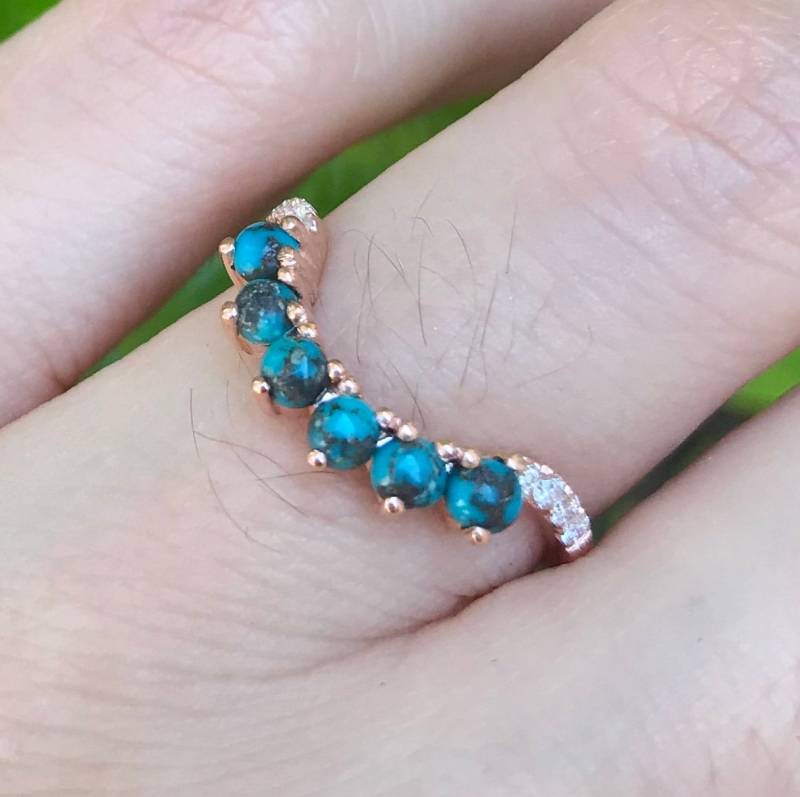 Rundes Echtes Türkis Diamant Gebogenes Hochzeitsband - Frauen Nesting Kontur Ring - Rose Gelb Weiß Gold Band - Natur Blau Band von Belesas