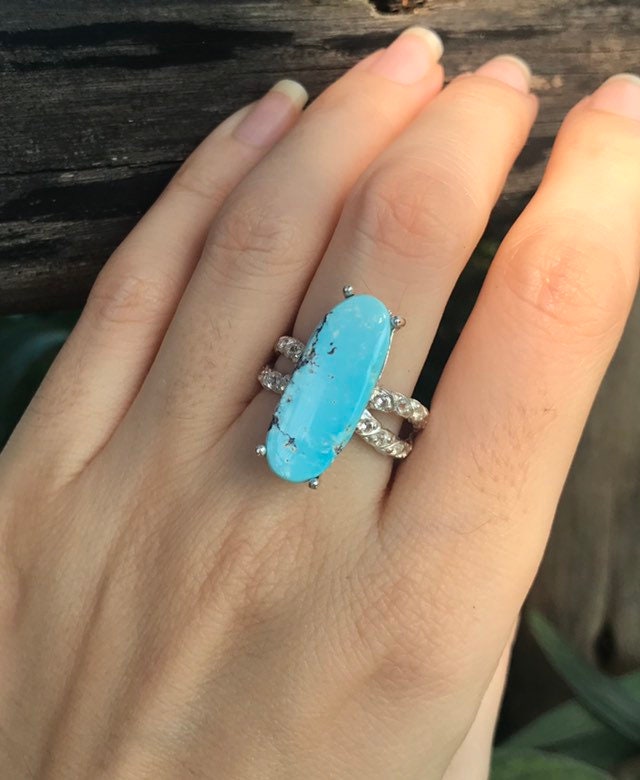 Türkis Länglicher Ovaler Statement Ring - Boho Bar Sterling Silber Blauer Edelstein Solitär Dezember Geburtsstein Split Shank Ring von Belesas