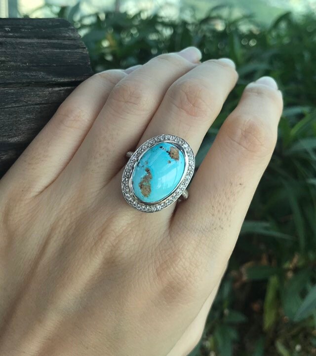 Türkis Länglicher Ovaler Statement Ring - Echter Halo Solitär Einzigartiger Großer Boho Dezember Geburtsstein von Belesas