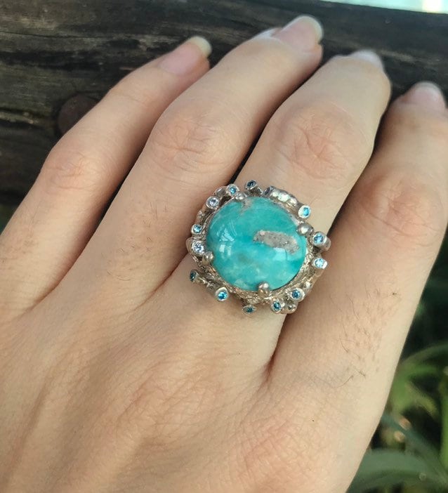 Türkis Vogel Nest Frauen Solitär Ring - Echter Natur Inspiriert Ooak Statement Einzigartiger Edelstein Runder Silber von Belesas