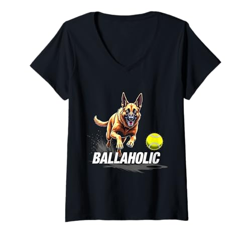 Damen Lustiger Ballaholischer Belgischer Schäferhund Jagd Malinois Ball T-Shirt mit V-Ausschnitt Damen Lustiger Ballaholischer Belgischer Schäferhund Jagd Malinois Ball T-Shirt mit V-Ausschnitt von Belgian Malinois Fun Designs
