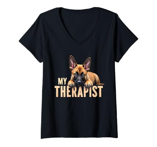 Damen Lustiger Malinois Puppy My Therapist Belgischer Schäferhund T-Shirt mit V-Ausschnitt Damen Lustiger Malinois Puppy My Therapist Belgischer Schäferhund T-Shirt mit V-Ausschnitt von Belgian Malinois Fun Designs