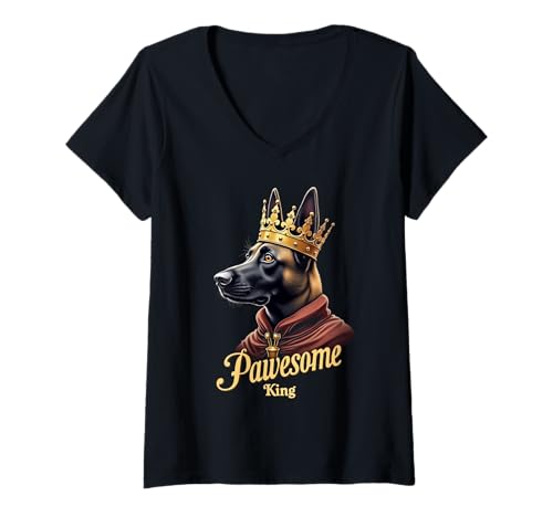 Damen Lustiger Pawesome Belgischer Schäferhund König Hund Malinois Kunst T-Shirt mit V-Ausschnitt von Belgian Malinois Fun Designs