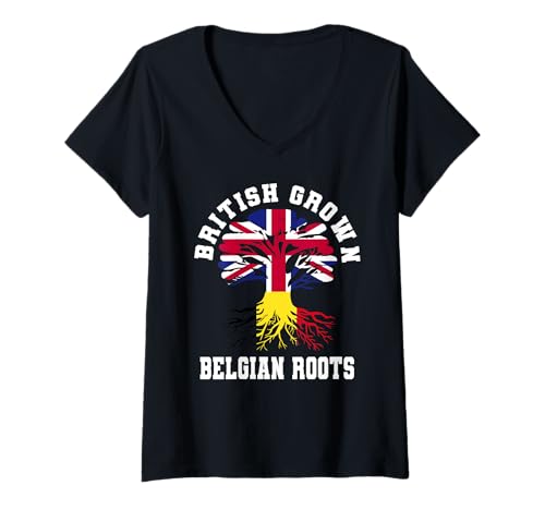 Damen British Grown Belgian Roots UK Belgien Jersey T-Shirt mit V-Ausschnitt Damen British Grown Belgian Roots UK Belgien Jersey T-Shirt mit V-Ausschnitt von Belgium Flag Designs Proud Belgian Roots