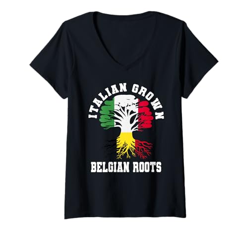 Damen Italienisch gewachsenes belgisches Wurzel-Trikot T-Shirt mit V-Ausschnitt von Belgium Flag Designs Proud Belgian Roots