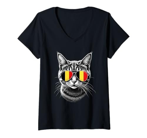 Damen Belgien Katze Gesicht Sonnenbrille Belgien Flagge T-Shirt mit V-Ausschnitt Damen Belgien Katze Gesicht Sonnenbrille Belgien Flagge T-Shirt mit V-Ausschnitt von Belgium Flag Designs