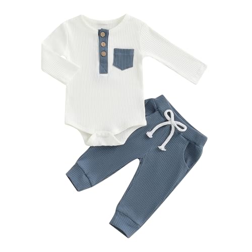 BeliBacca Neugeborenes Baby Jungen Frühling Herbst Kontrastfarbe Rippstrick Outfits Langarm Knopf Strampler Shirt Elastische Lange Hosen Set 2 Stück Säugling Winter Kleidung, blau, 0-3 Months von BeliBacca