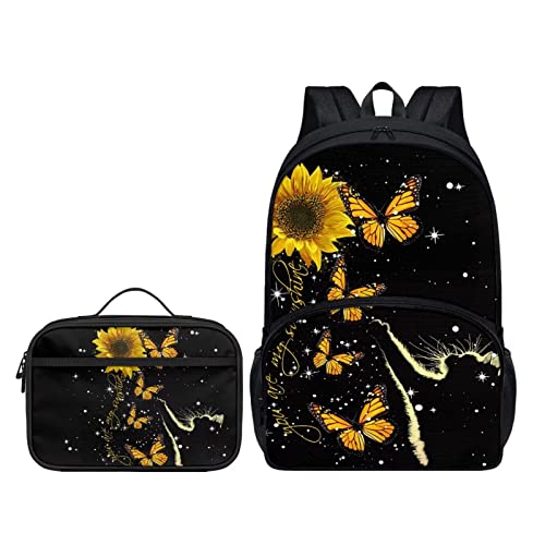 Belidome 2-in-1 Kinder-Schulrucksack-Set, isolierte Lunchtasche für Jungen und Mädchen, Sonnenblumen-Schmetterling, Einheitsgröße, Kinderrucksack von Belidome