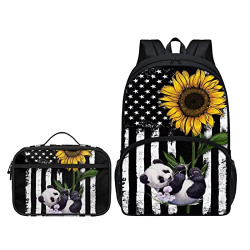 Belidome 2-teiliges Schul-Büchertaschen-Set, Rucksack mit Lunchtasche für Kinder und Erwachsene, Panda Sonnenblume USA Flagge, Einheitsgröße, Kinderrucksack von Belidome