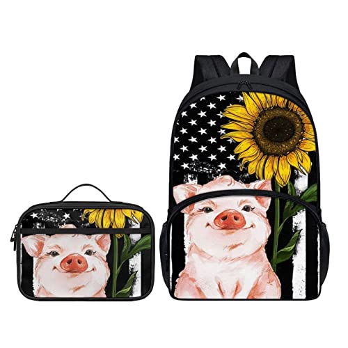 Belidome 2-teiliges Schul-Büchertaschen-Set, Rucksack mit Lunchtasche für Kinder und Erwachsene, USA-Flagge Sonnenblumenschwein, Einheitsgröße, Kinderrucksack von Belidome